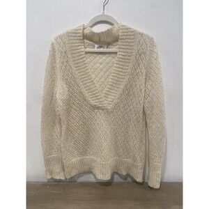 ANN TAYLOR Loft Wool Mohair Ivory Gold Metallic Open Knit Shawl Collar Sz XL